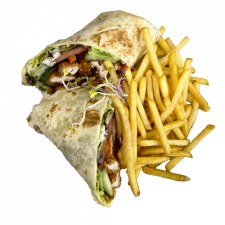 Tortilla s kuracími kúskami a čerstvou zeleninou, hranolky, kari dressing