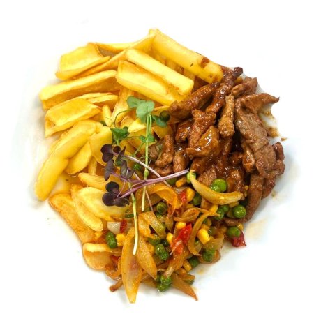 130/240 g Marinované soté z bravčovej panenky s opraženou zeleninou, hranolky rúrky