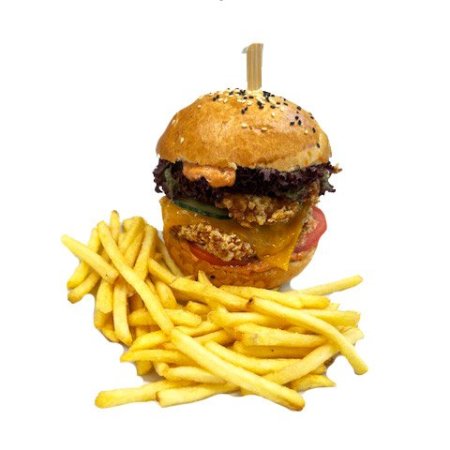 Burger crispy, hranolky ( kurací )